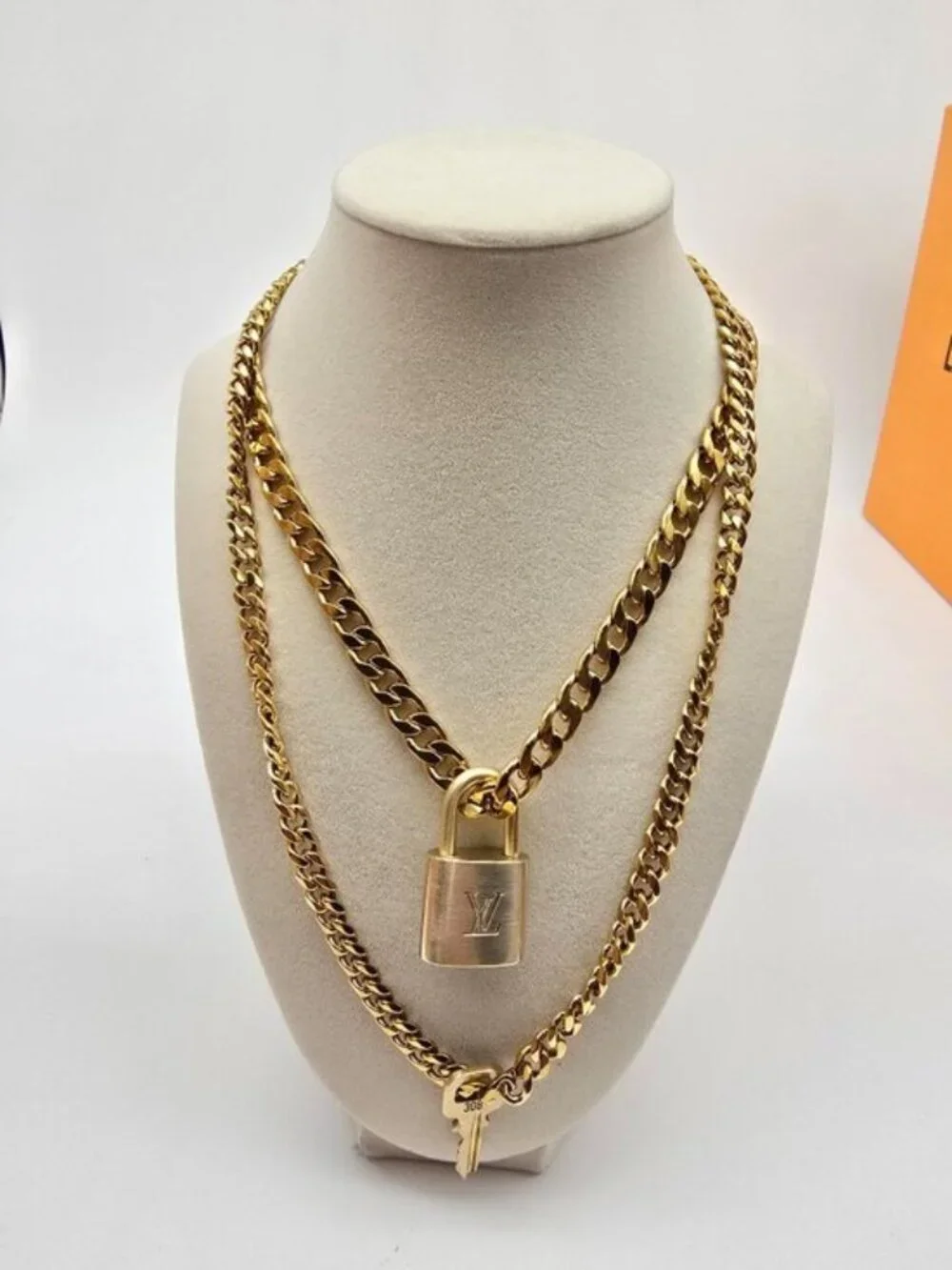 Authentic Louis Vuityon Gold Padlock Pendant with Stainless Steel 2 Cuban Style